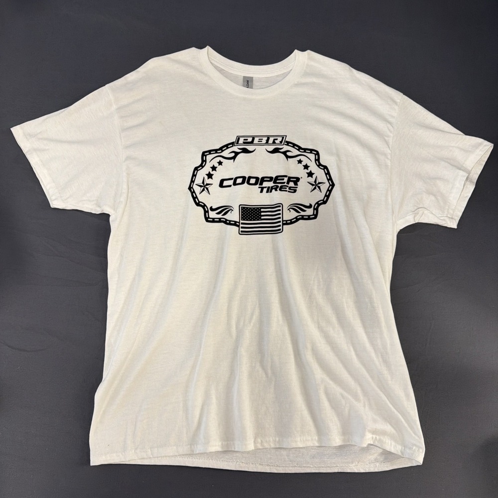 white crewneck t-shirt featuring a black Cooper Tires and PBR graphic logo